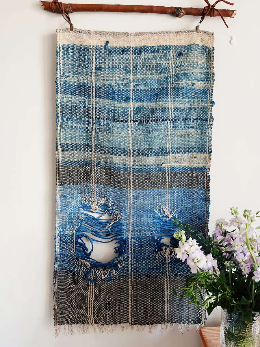 032201 Suepla Indigo Dyed Ripped Artisan Woven Tapestry