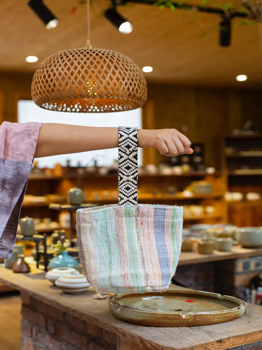 Suepla Vintage Pale Rainbow Stripe Bucket Bag