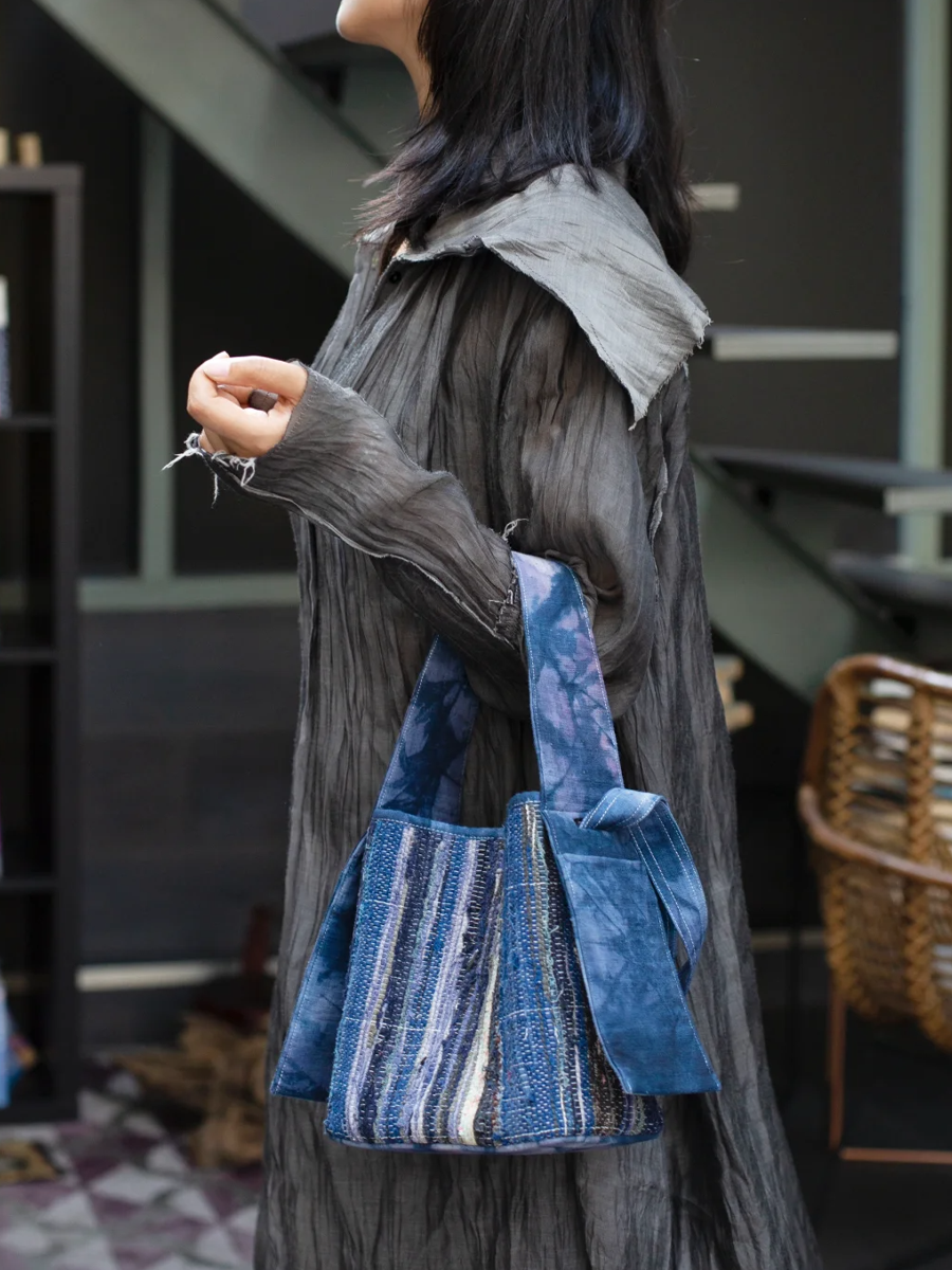 Suepla Vintage Indigo Dyed Stripe Bucket Bag