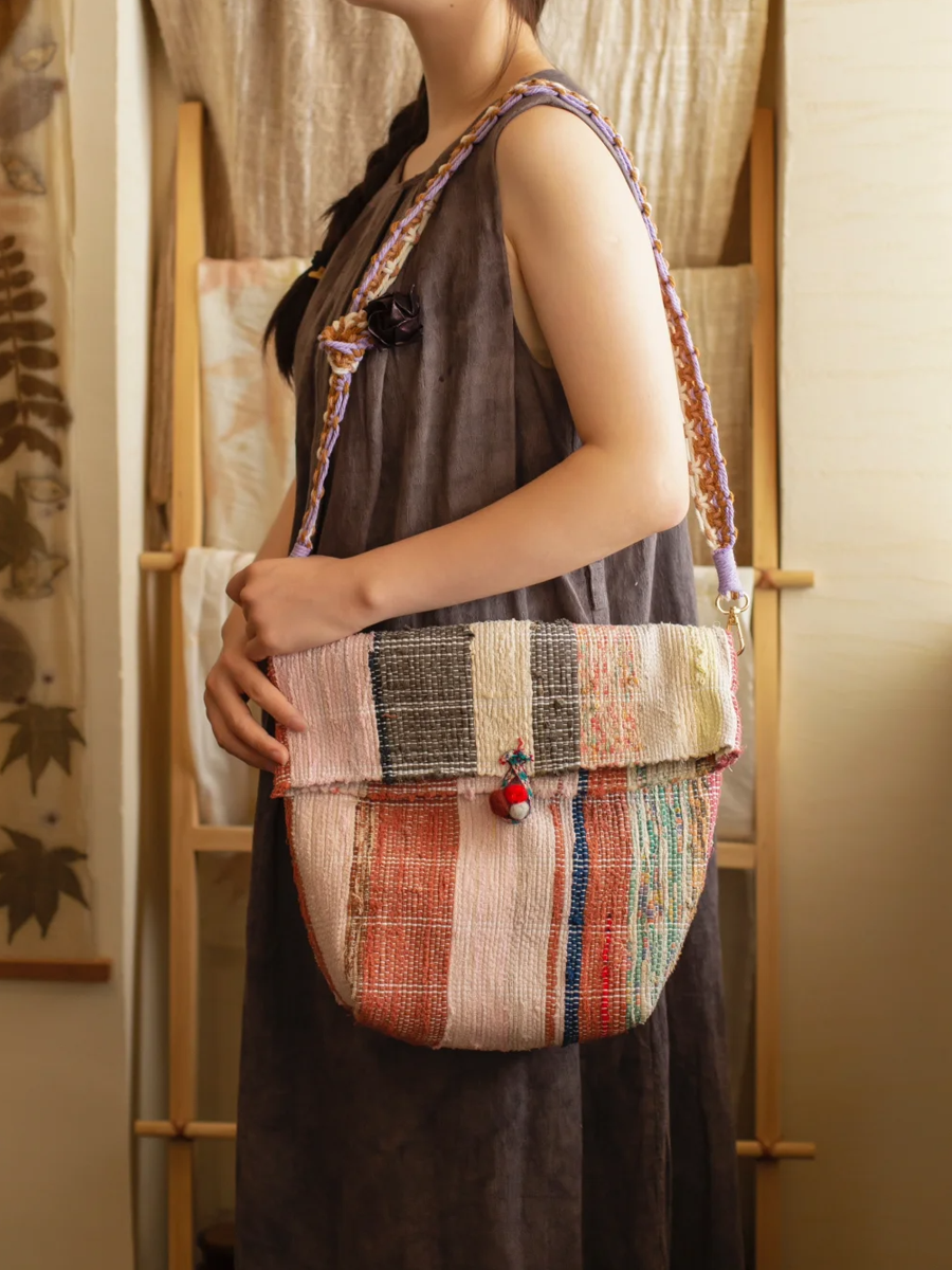 Suepla Pink Colorblocks Artisan Woven Crossbody Bag