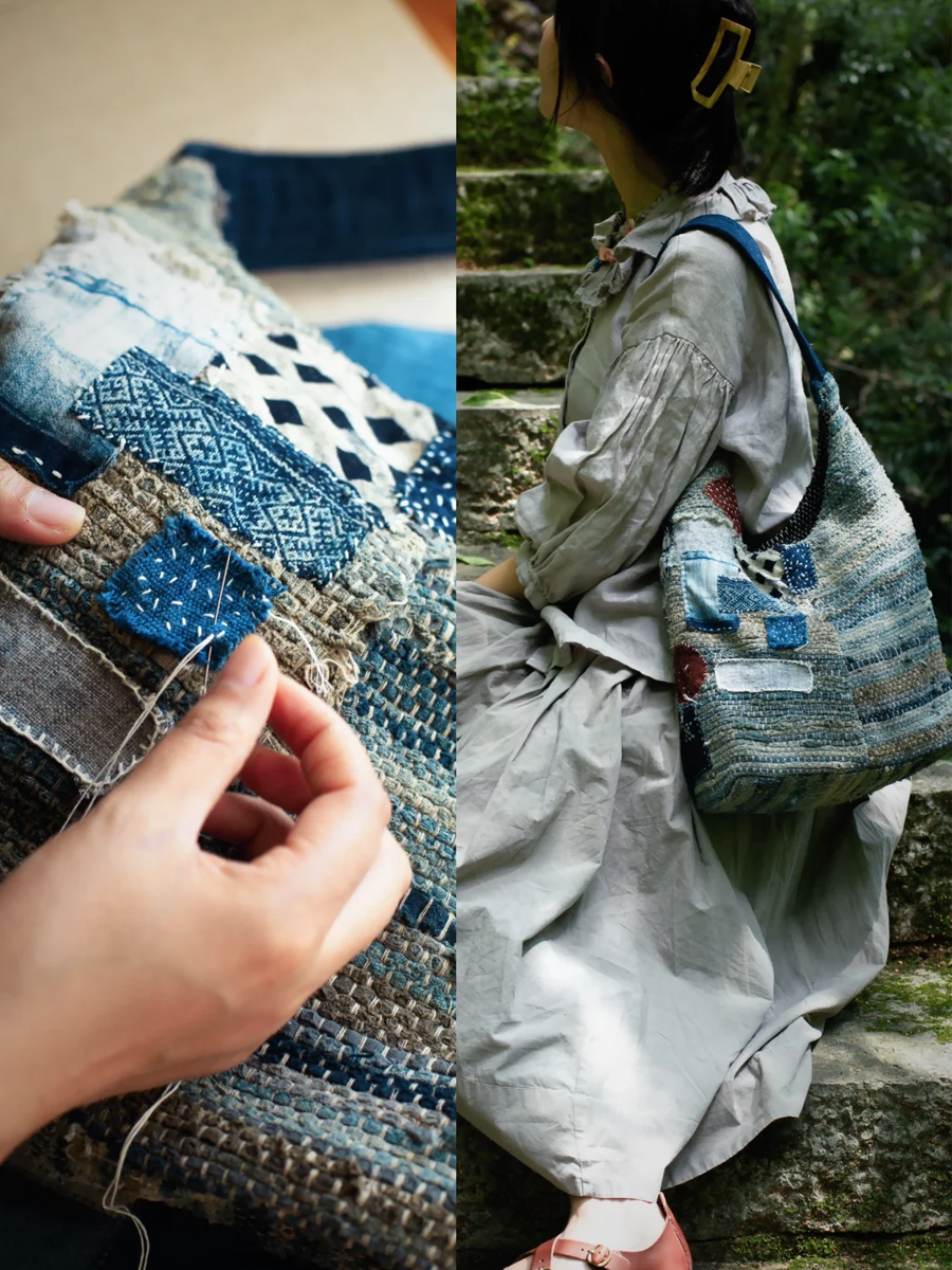 Suepla Pale Blue Patchwork Shoulder Bag